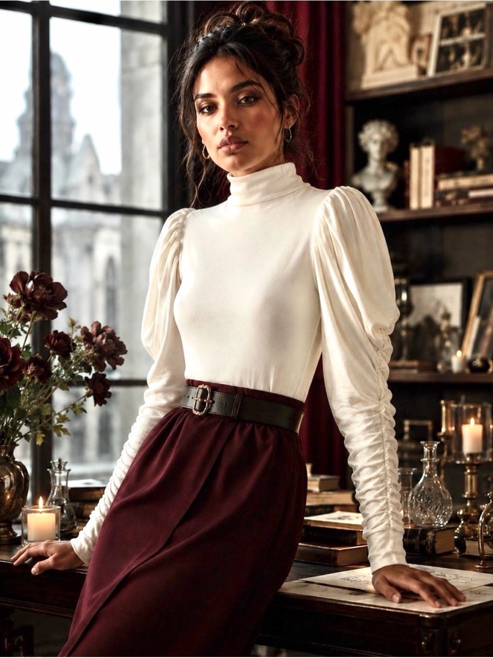 Rebecca Taylor Port Mutton-Sleeve Mock Neck Top White Cotton Blend Long Sleeve M